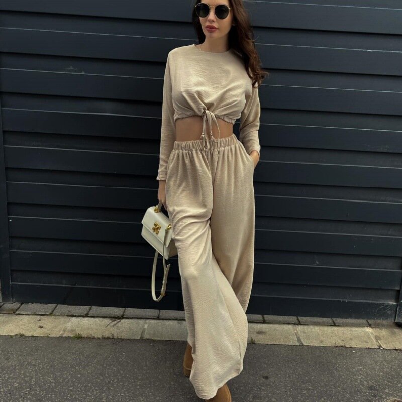2 Piece Sets Womens Outfits Lace-up Short Long-sleeved Top and Wide Leg Pants Set  Two-piece Trousers Fashion Solid Women's Set