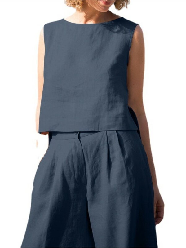 ชุดกางเกงฝ้ายลินินวินเทจสีทึบสำหรับผู้หญิงเสื้อยืดแขนกุดแบบลำลองกางเกงเอวสูงขากว้างชุดสองชิ้น