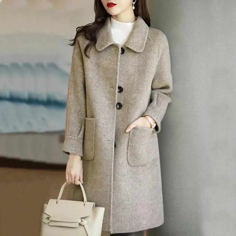 Loose Fit Thickened Overcoat Stylish Women's Woolen Coat Lapel Long Sleeve Single Breasted with Pockets Fashionable for A