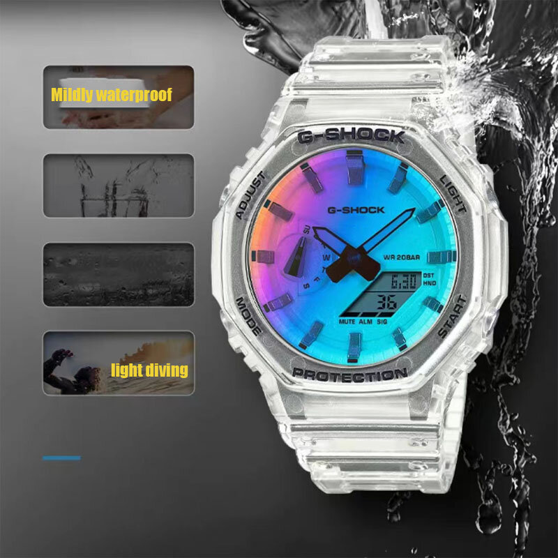 G-SHOCK-Relógios de quartzo para homens, multifunções, esportes ao ar livre, mostrador LED à prova de choque, display duplo, GA2100, moda