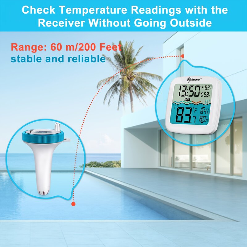 GEEVON termometer kolam nirkabel, pengukur suhu mengambang mudah dibaca, kolam Digital tanpa kabel dengan Monitor suhu dalam ruangan
