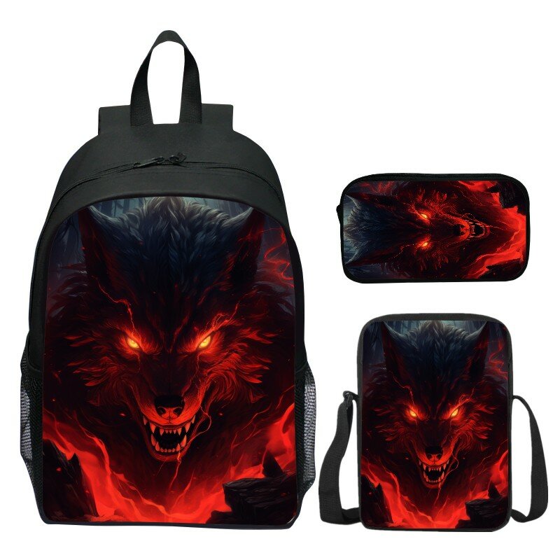 Angry Wolf Print Children Backpack 3pcs Set Students School Bag Boy Spider Patttern Bookbag Hight Quality Laptop Backpacks Teens