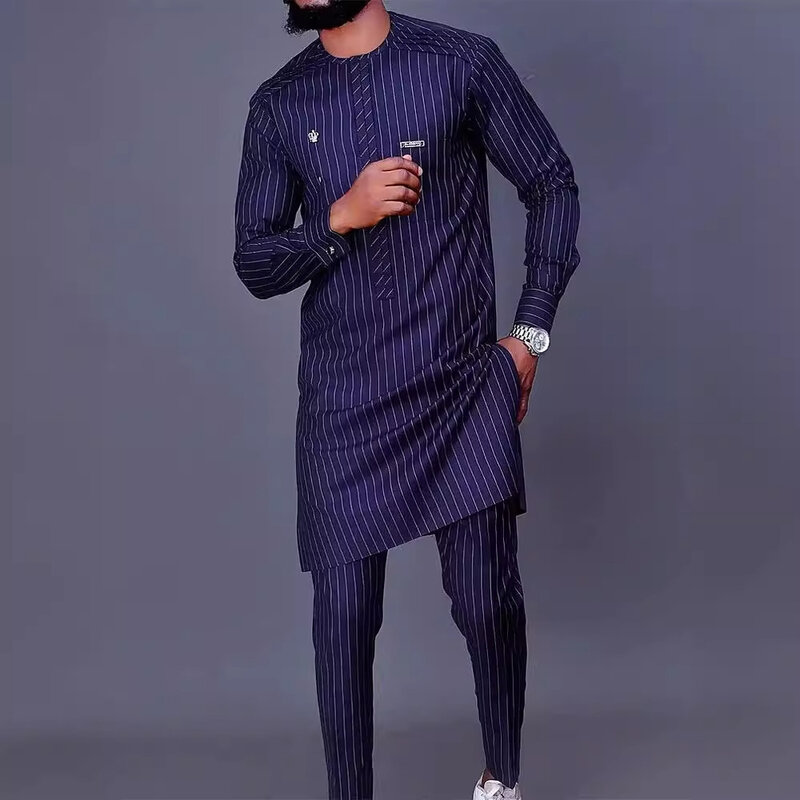 Men's fashion casual geometric print long sleeve two-piece set