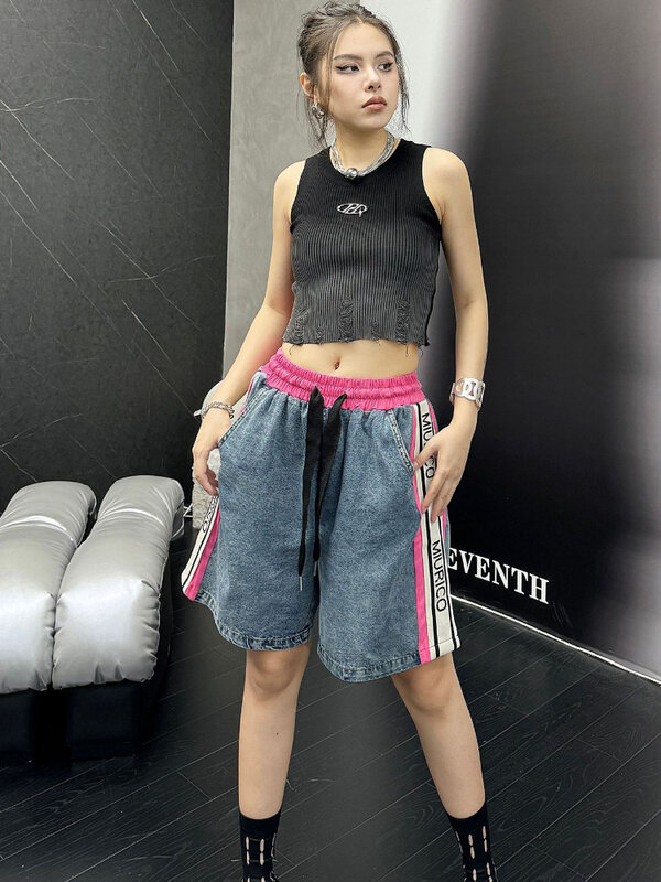 Summer Street Fashion Contrast Color Denim Shorts Women's 2024 New Water Washed Spliced High Elastic Loose Slim Straight Pants