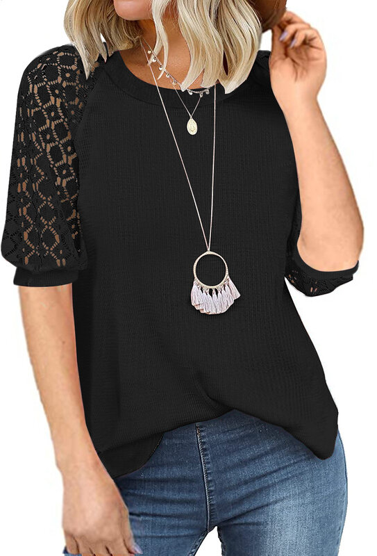 女性用ラウンドネック半袖トップス,レースパッチワークTシャツ,ワッフル