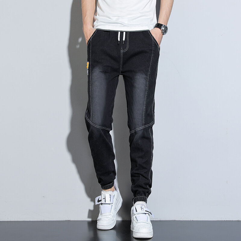 Джинсы мужские узкие эластичные, модные брюки из денима с маленькими штанинами, цвет синий/серый/черный, в Корейском стиле, весна-лето