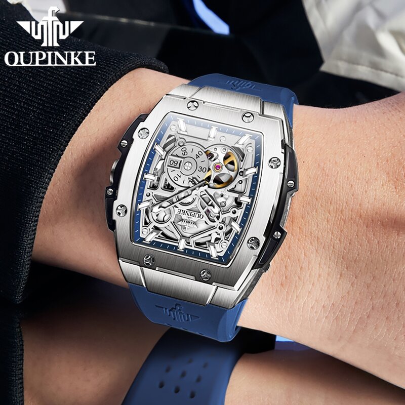 Oupinke-自動ボタン付きメカニカル腕時計,くり抜かれた動きのあるファッション,独立した2番目のダイヤル,オリジナル