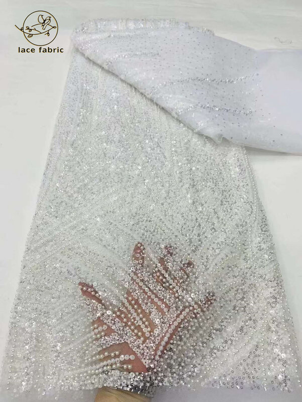 Белая французская кружевная ткань с блестками 2024, Высококачественная африканская 3D кружевная ткань с бусинами, нигерийская вышивка, тюль, кружевная ткань
