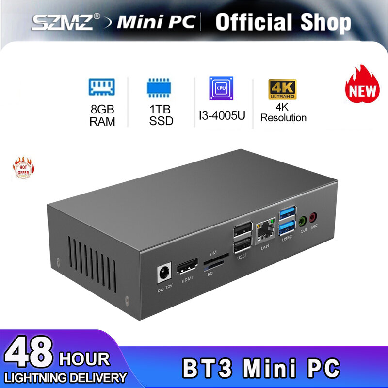 BT3คอมพิวเตอร์ขนาดเล็ก Quad Core Intel Core i3-4005U Win 10/11 4/8GB 128/256/512GB 1TB SSD Office/Home คอมพิวเตอร์ตั้งโต๊ะขนาดเล็กความละเอียด4K