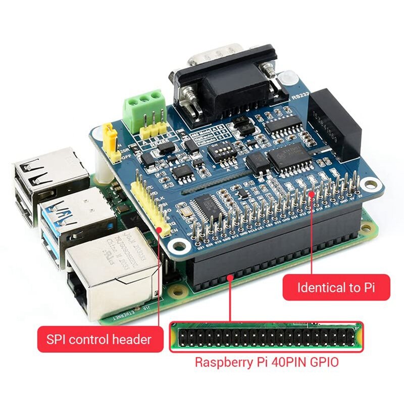 Cappello di espansione RS485 RS232 isolato Waveshare per Raspberry Pi 4B/3B +/3B/2B, controllo SPI, circuiti di protezione a bordo