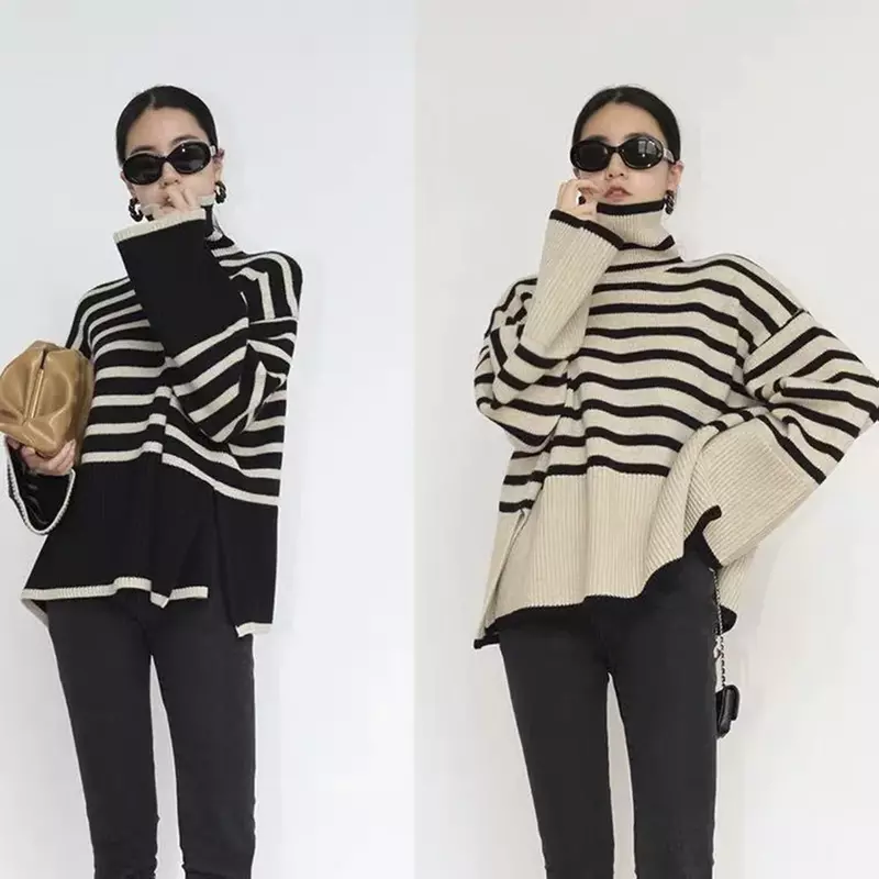 Ladies Autumn Winter Striped Knitted Loose Sweater Women Pullover Tops Long Sleeve Turtleneck Casual Oversize Streetwear