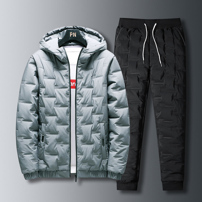 OEIN Set Jaket Pria Musim Dingin Mantel Luar + Setelan Celana Katun 2021 Pakaian Olahraga Ramping Pas Badan Set Parka Hangat Kasual 2 Potong