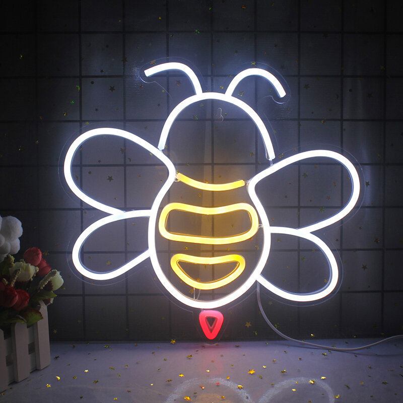 علامة النيون LED بتصميم فيل النحل ، مصابيح حائط فنية للحيوانات ، أضواء ليلية معلقة بمنفذ USB ، شعار لطيف ، ديكور الغرفة للمنزل وغرفة النوم