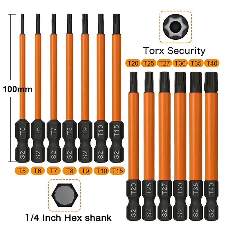 Jeu d'embouts Torx Star Bits avec pointe magnétique, sécurité, tournevis à tige hexagonale, inviolable, 100 ", 1/4mm, 13 pièces