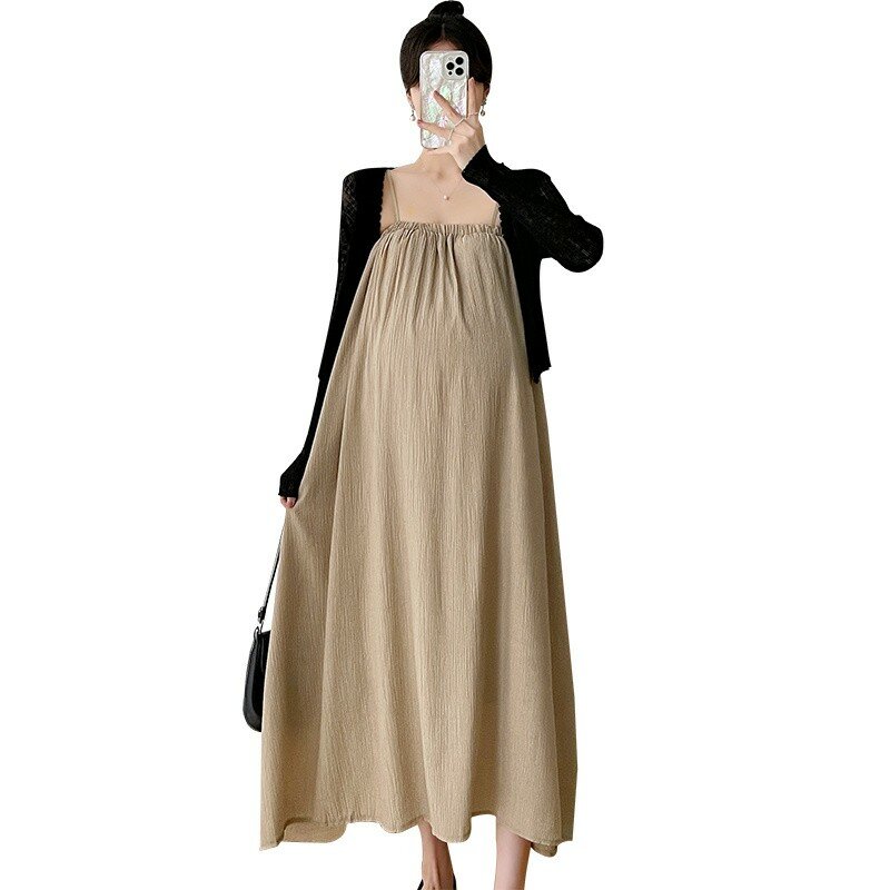 Женское трикотажное платье-кардиган на бретельках, элегантное прямое свободное платье во французском стиле для беременных, комплект из 2 предметов, весна-лето