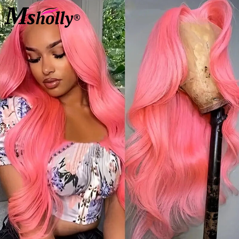 Бесклеевые розовые парики на сетке спереди, волнистые человеческие волосы, 13x6, HD, на сетке спереди, для женщин, предварительно выщипанные цветные розовые бразильские парики