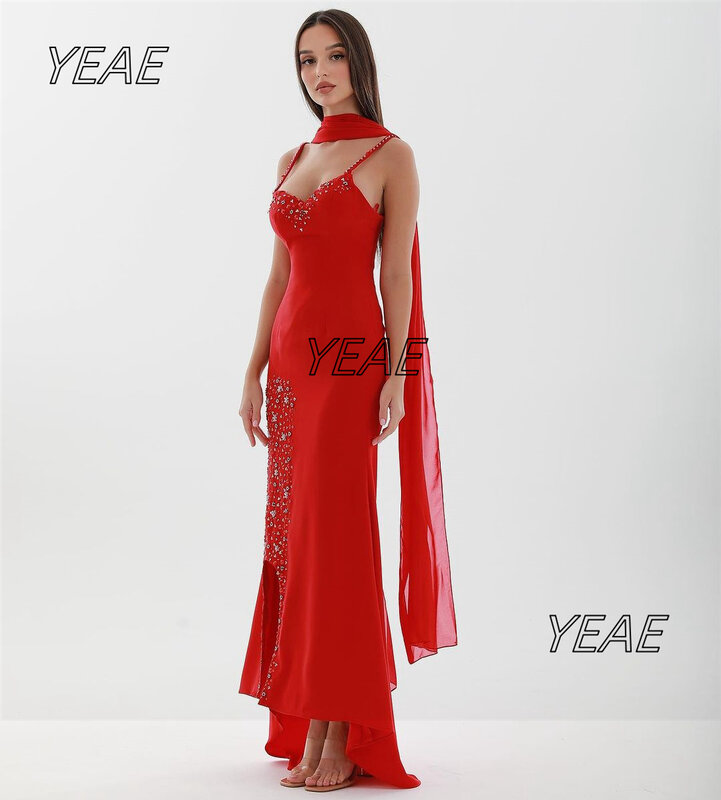 Santorini Red Prom Dresses Spaghetti Sweetheart Bridesmaid Dress for Wedding Party Beaded Sash Evening Formal Gowns with Wrap