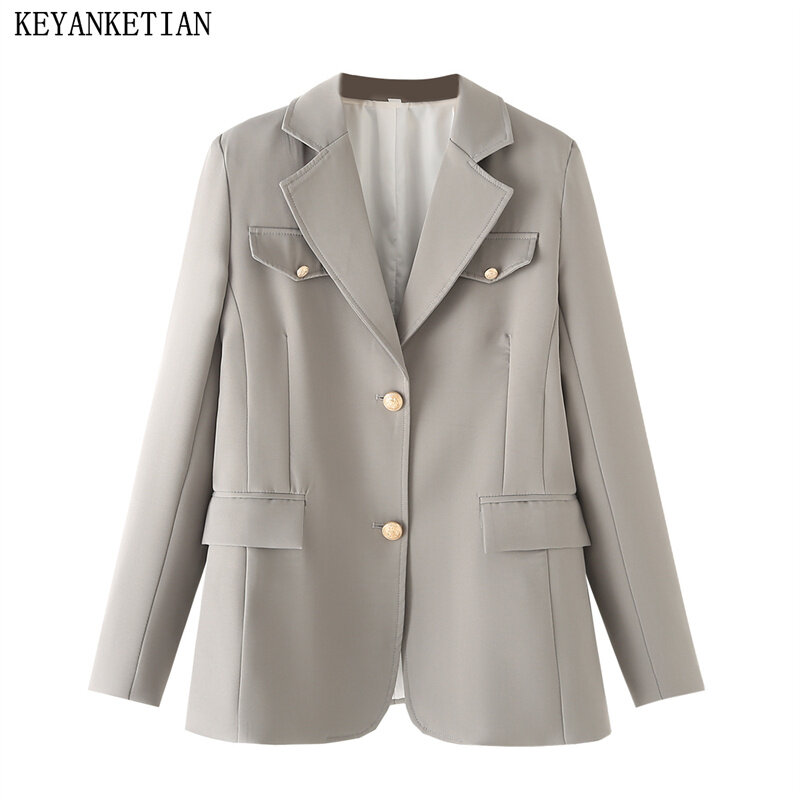 EllYANEllTIAN-Veste de costume gris clair pour femme, style rétro, simple boutonnage, poches à rabat, couture, haut d'extérieur, nouveau lancement, 2024