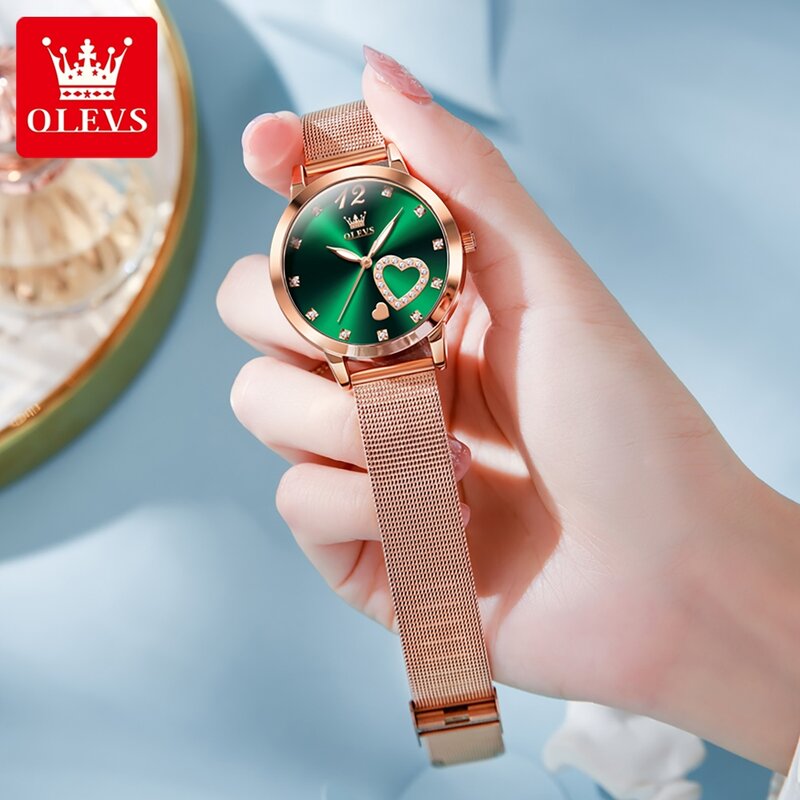 OLEVS 패션 그린 다이얼 쿼츠 시계, 스테인레스 스틸 방수 여성 시계, 최고 브랜드 럭셔리 여성 손목시계, Montre Femme