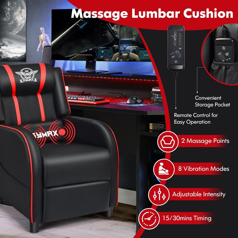 GYMAX 게임 안락 의자, 조절 가능한 발받침, 리모컨 및 사이드 포켓, 인체 공학적 게임 라운지 의자,