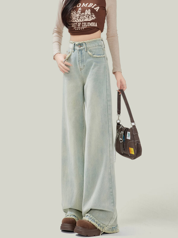 2024 Spring New High-waist Straight Jeans Fashion Simple Casual Wide Leg Denim Pants Retro Floor-length Trousers for Female