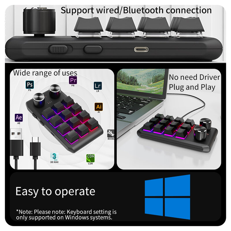 برمجة ماكرو مخصص 2 مقبض لوحة مفاتيح بلوتوث RGB 12 مفتاح نسخ لصق زر صغير لوحة مفاتيح الألعاب الميكانيكية Hotswap Macropad