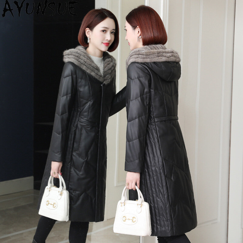 AYUNSUE-jaqueta de couro de carneiro genuína para mulheres, casaco de pato branco, gola de pele de vison com capuz médio, outono e inverno, 2023