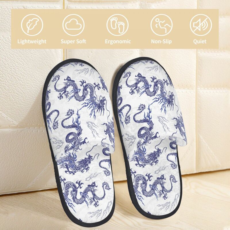 รองเท้าแตะกันลื่นสำหรับผู้หญิงผู้ชายฤดูหนาวลายมังกรญี่ปุ่นในร่มขนสัตว์นุ่มอบอุ่น