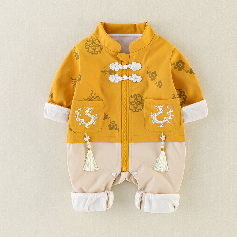 Fato de Tang Recém-nascido de manga comprida, roupa de escalada de bebê, estilo chinês, brinde de aniversário para meninas e meninos, primavera outono