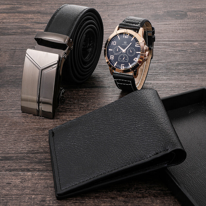남자 시계 + 지갑 + 벨트 세트 아버지의 날 생일 선물 3 개/대/세트 PU 스트랩 잘 생긴 캐주얼 쿼츠 시계 JAN88