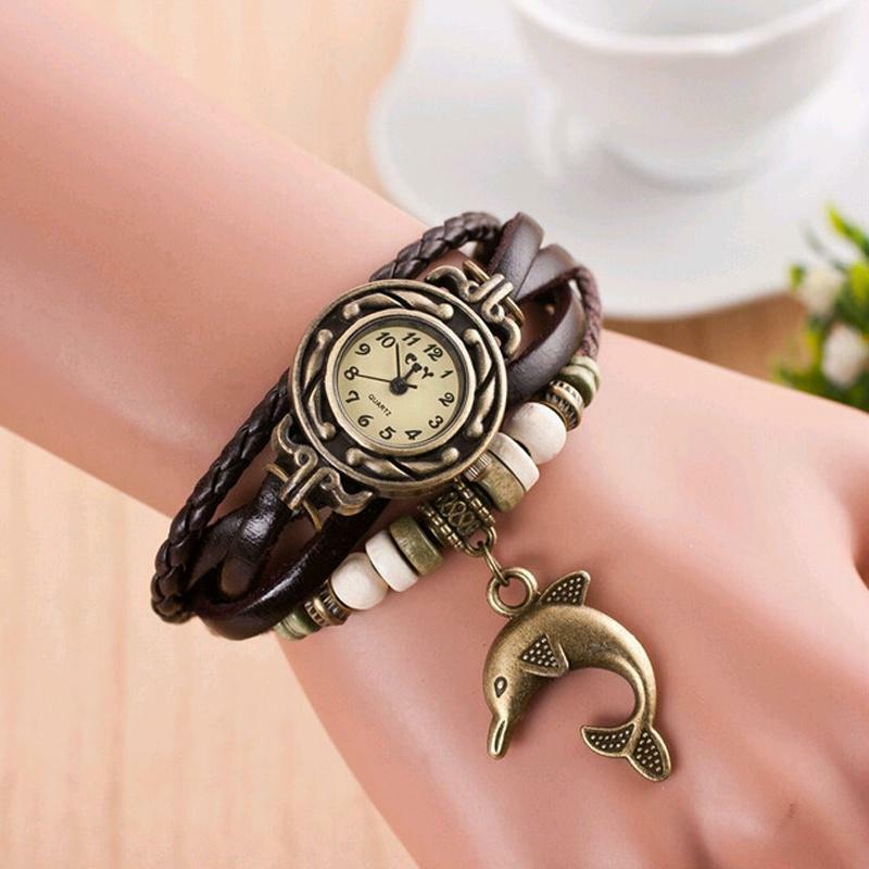 Vintage Geïnspireerde Weave Rond Lederen Dolfijn Armband Lady Vrouw Quartz Horloge