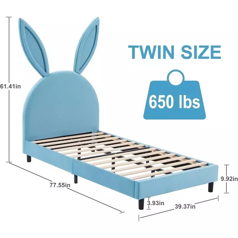 Children's twin platform bed frame with upholstered headboard, supported by 12 wooden slats, princess bed for girls