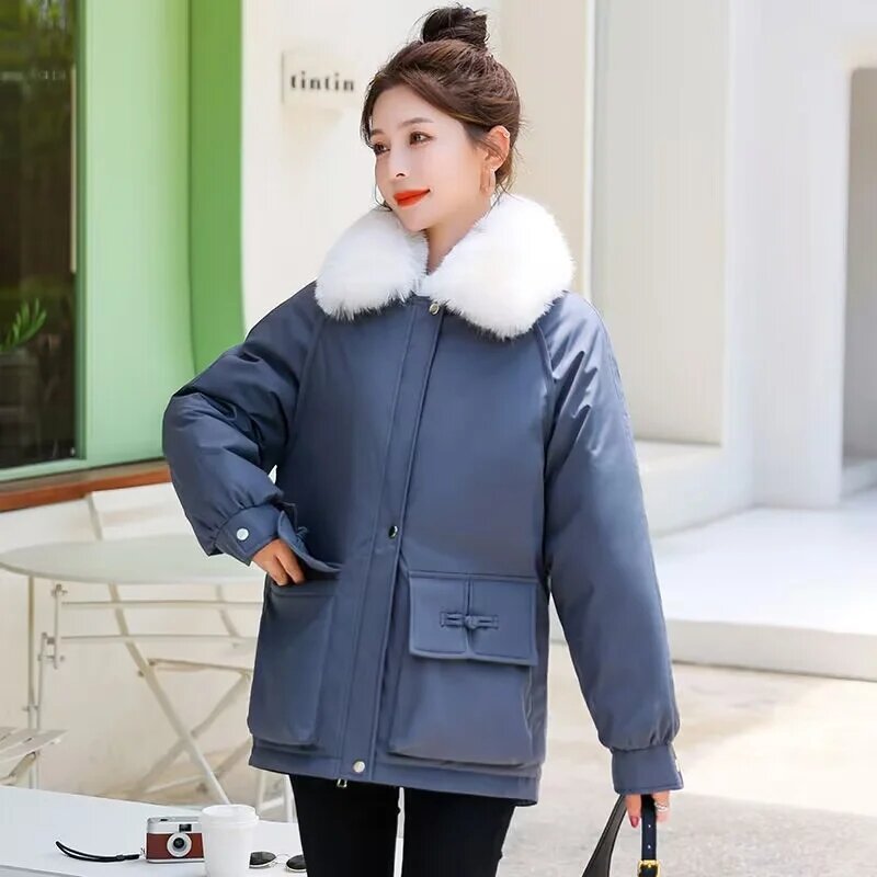 2024 Winter Fashion Coat New Cotton Jackets Short Large Plush Thickened Large Fur Collar Warm Cotton Coats Parka Female Pink