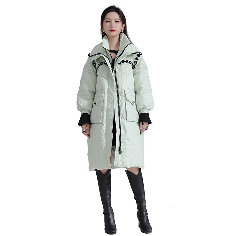 Jaqueta feminina de comprimento médio espessado, com aplique frisado, decoração, falso de duas peças, cores, inverno, contraste