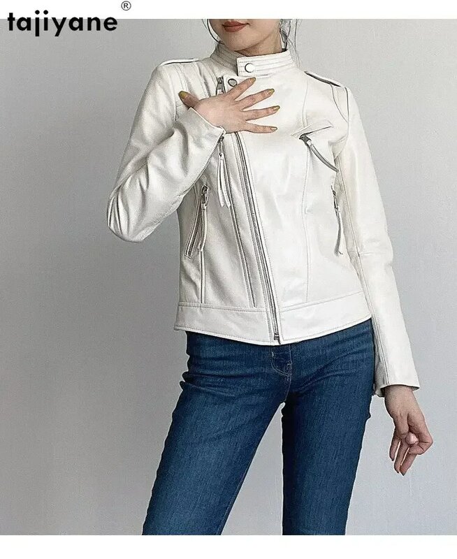 Tajiyane 여성용 진짜 양가죽 재킷, 2023 진짜 가죽 코트, 짧은 가죽 재킷, 여성 패션, 슬림 바이커 아웃웨어