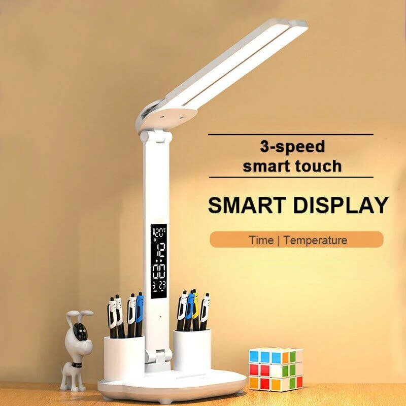 LED Clock Table Lamp USB Chargeable Dimmable Desk Lamps 2 Heads 180 Rotate Foldable Eye Protection Desktop Reading Night Lights