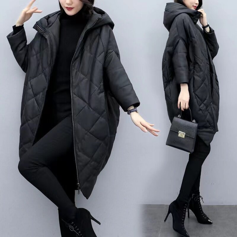 Jaket Hoodie kulit PU wanita, mantel panjang musim dingin longgar hitam PU kulit bebek bawah tahan angin bertudung 2024