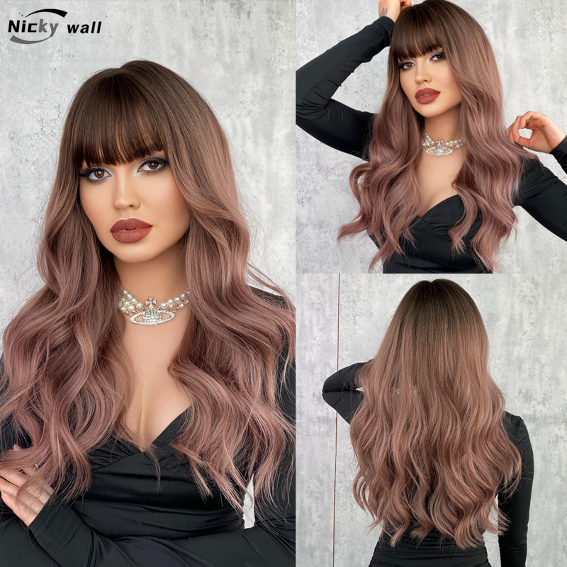 Pink Brown Long Wave Wig Women Wig with Bangs Heat Resistant Synthetic Fiber Wigs Daily Party Lolita Cosplay Y2K Fake Hair Dense