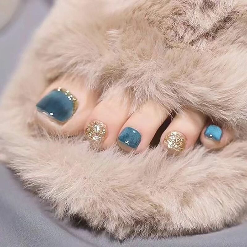 24pcs Fake Toenails French Full Cover Blue Cat Eye Short Square Toe Nails Foot Nails Tips for Women Girl Press on Nails