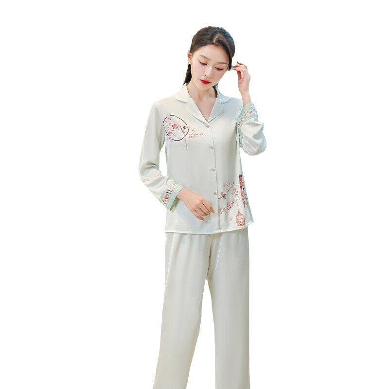 Set piyama tipis gaya Tiongkok sederhana dan segar, kardigan sutra es berkualitas tinggi untuk wanita, pakaian rumah Retro musim semi dan Autu baru
