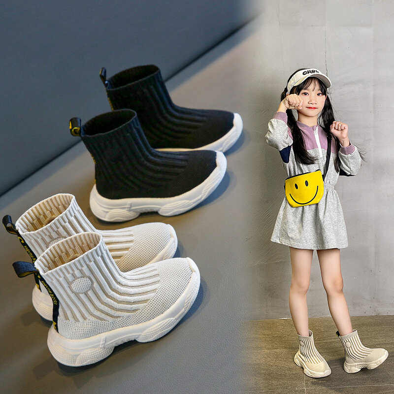 Crianças meias sapatos para meninas 2022 primavera e outono crianças moda tênis mid-top estiramento sapatos de malha para meninos vento coreano