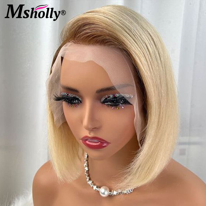 Ombre Honey Blonde 613 Human Hair Wig Straight Short Bob Transparent Lace Front Wig Remy 4T613 Colored 13x4 Lace Frontal Wigs