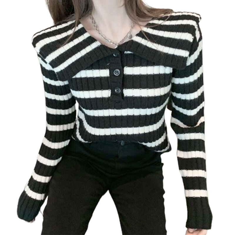 Sweater Women Pullovers Top Girl Y2K Jumpers Peter Pan Collar Button Chic Elegant Streetwear Stripe Long Sleeve Korean Basic Tee