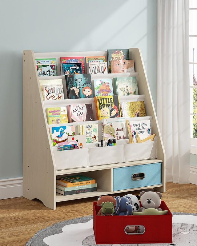 SEIRIONE Desk Bookshelf Kids Book Rack, 4 Sling Bookshelf, 2 Storage Boxes and Toys Organizer Shelves, Beige