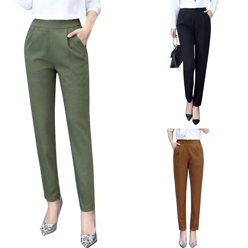 Pantalones elásticos clásicos de cintura alta para mujer, pantalones Harem delgados, pantalones casuales de negocios con bolsillos, pantalones de trabajo de talla grande, envío directo
