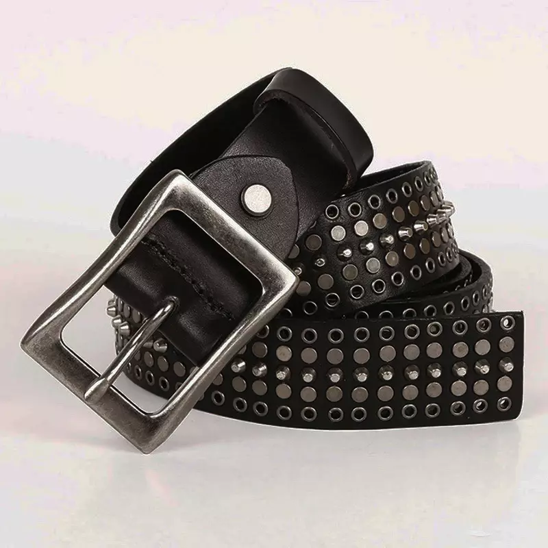 2024 New Trend Gothic 3.4CM Genuine Leather Cowboy Belt Buckle Vintage Metal Rivet Punk Belts for Men Jeans Belt  Bronze