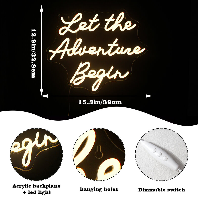 Let The Adventure Begin Neon Sigh Warm Light Letter Room Decoration For Bedroom Wedding Birthday Party Bar Hanging LED Wall Lamp