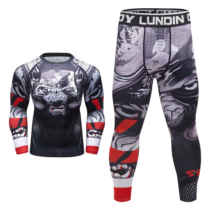 Codylundin Activewear Rash Guard Fitness T-shirts + Gym Leggings 4Pcs High Quality MMA Clothes Kickboxing Equipment for Men Set