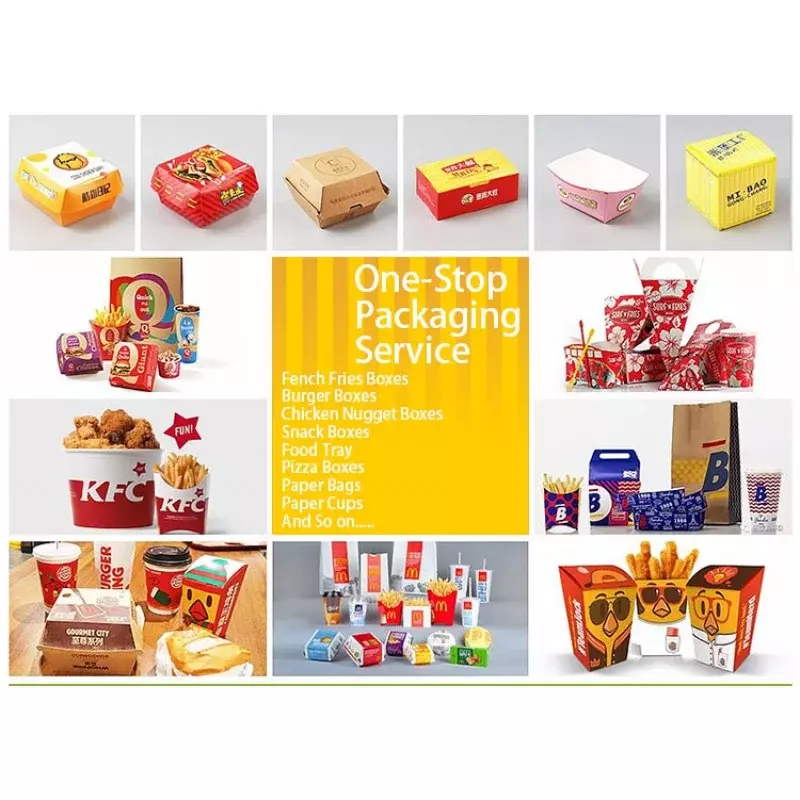 Caja de embalaje de hamburguesa impresa personalizada de fábrica de productos personalizados, pollo, papas fritas, papel de embalaje, contenedor de alimentos