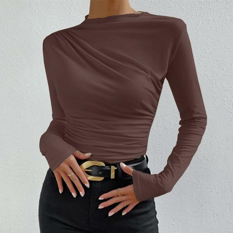 Women Bottom Shirt Half High Collar Long Sleeve Bottoming Top Slim Fit Pleated Pullover Tops Solid Color Inner Top T-Shirt